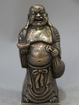 

4" Chinese Buddhism Pure Silver Stand Happy Laugh Maitreya Buddha Sack Statue
