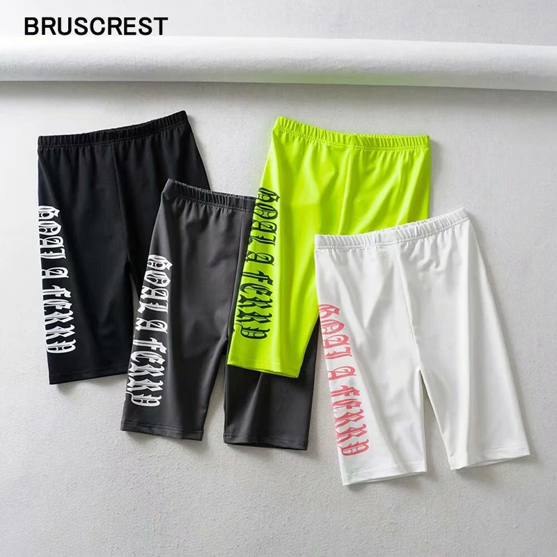 Vintage letters biker shorts women neon green high waist shorts white black shorts cotton short mujer feminino gym clothing