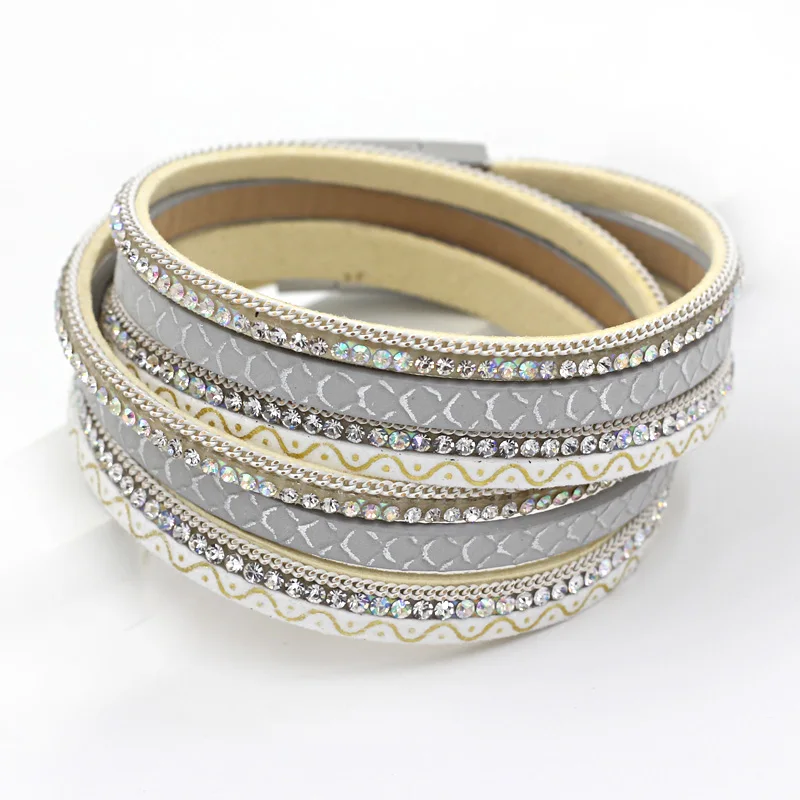 

Fashion Woman Winding Wrap Chain Bracelet Multilayer Leather with Colorful Rhinestone Magnetic Clasp Pulseiras para as Mulheres