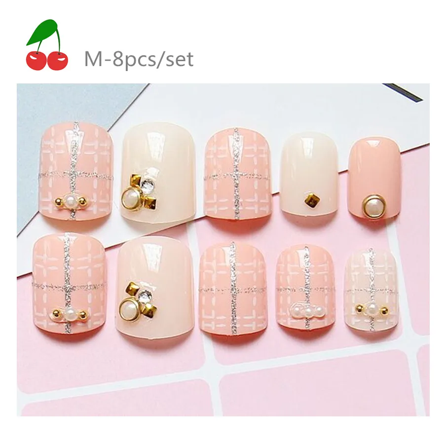 Diamond powder dotted line Paragraphs short hot pink Fake nails -in