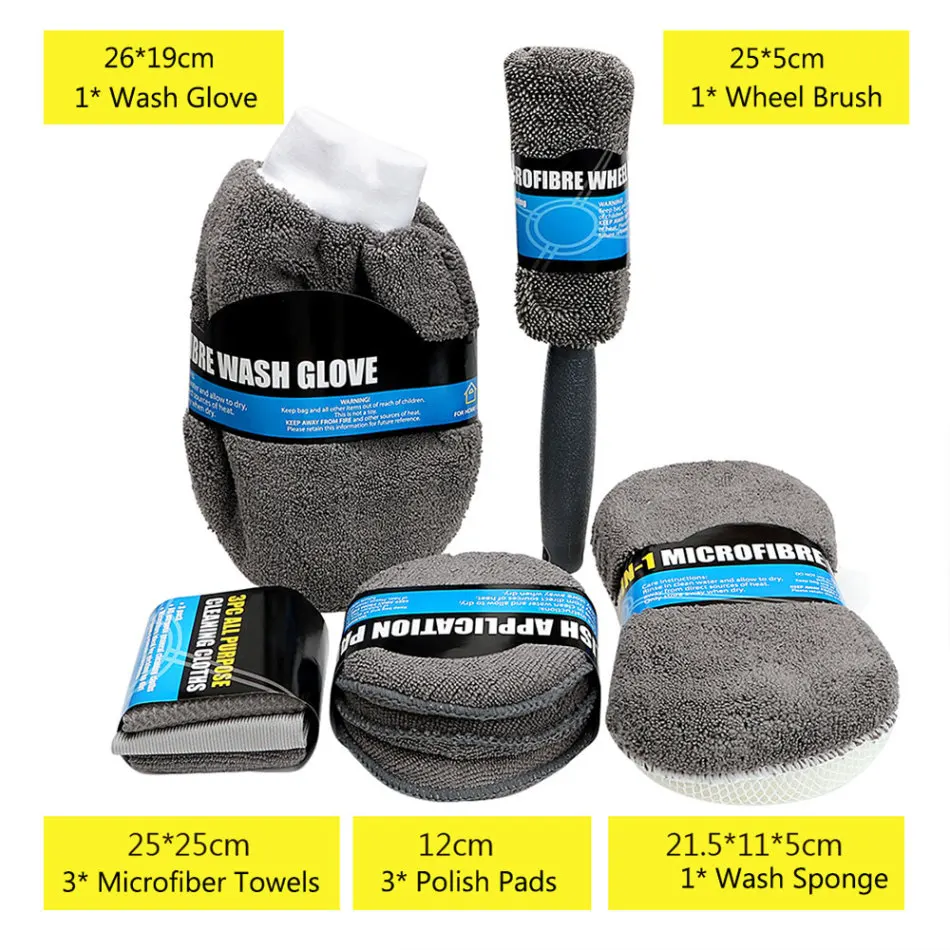 

9pcs Microfibre car cleaning kit Car Wash Cleaning Tools Set with Sponge block Wash gloves Wheel brush waxing pad towel (Grey)
