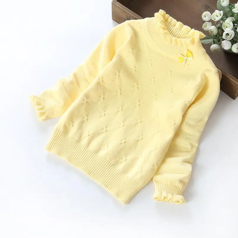 Осенне-зимняя одежда для маленьких детей от 18 месяцев до 11 лет пуловер для больших девочек, свитер детские вязаные свитера с длинными рукавами и оборками, с бантом, топы - Цвет: yellow kids clothes