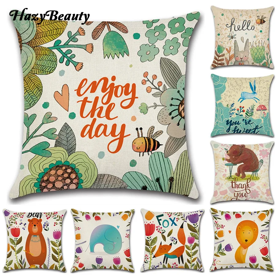 HazyBeauty Hot Cartoon Jungle Animals Cushion Cover Linen Fox Lion Bear Bee Pattern Decorative Pillow Case Throw Pillow Cover