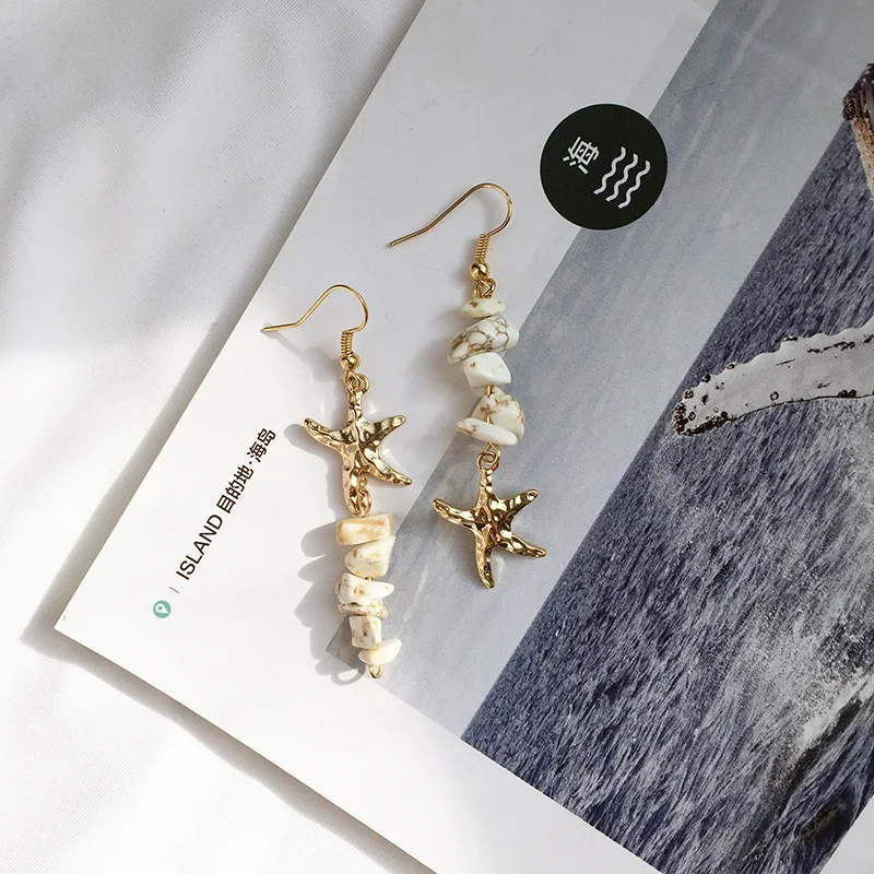 

2019 Korea asymmetric small starfish earrings Stone Bead Long Drop Earrings Gold Punk Bohemian Brincos Party Jewelry Accessary