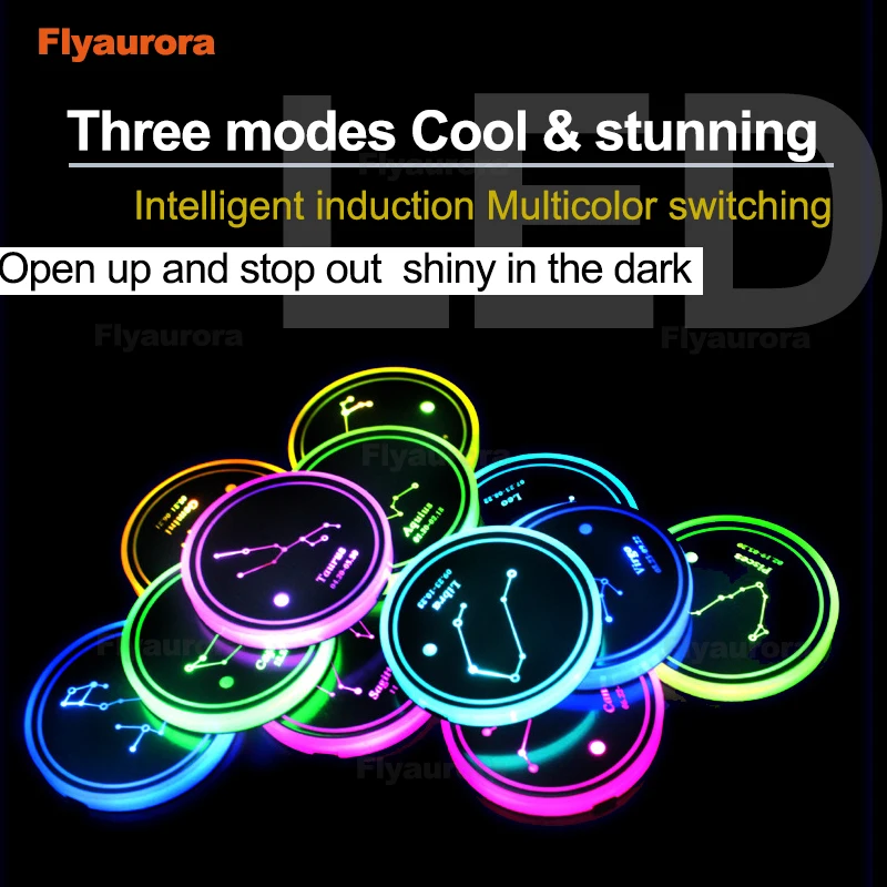 

2 Pieces LED Cup Holder Pads Light Mats Bottle Coasters 7 Colors Car Logo LED Atmosphere Light Constellation LED Cup Holder Pads
