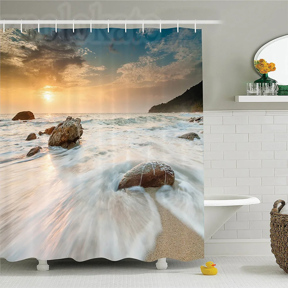

Seaside Decor Shower Curtain Set Grand Sea Waves On The Beach And Horizon Sky Holiday Calm Dream Light Season Photo Bathroom