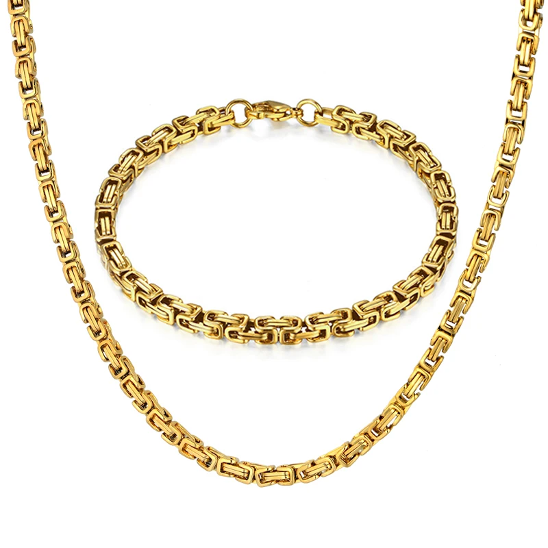 

316L Stainless Steel Jewelry Set Hip Hop Gold Color Byzantine Chain Bracelet & Necklace Set For Men Wholesale Men Jewelry