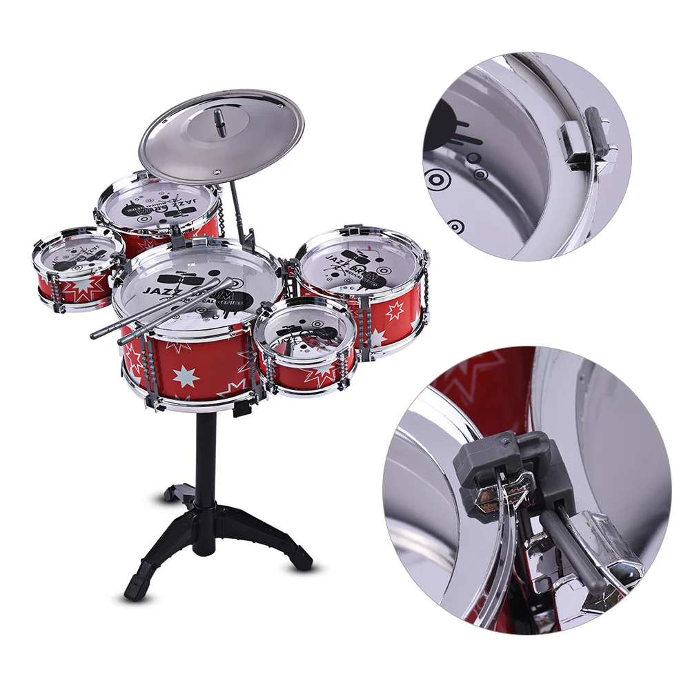 5 Drums Stool Kit Red 6 Pieces Kids Jazz Drum Set Cymbal 2 Drumsticks 