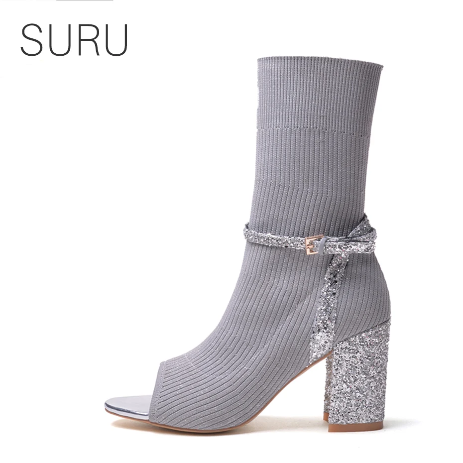 

SURU Women Mid-calf Sock Boots With Strap Featured Silver Glitter Embellished Open Toe Style Chunky Heels 8cm