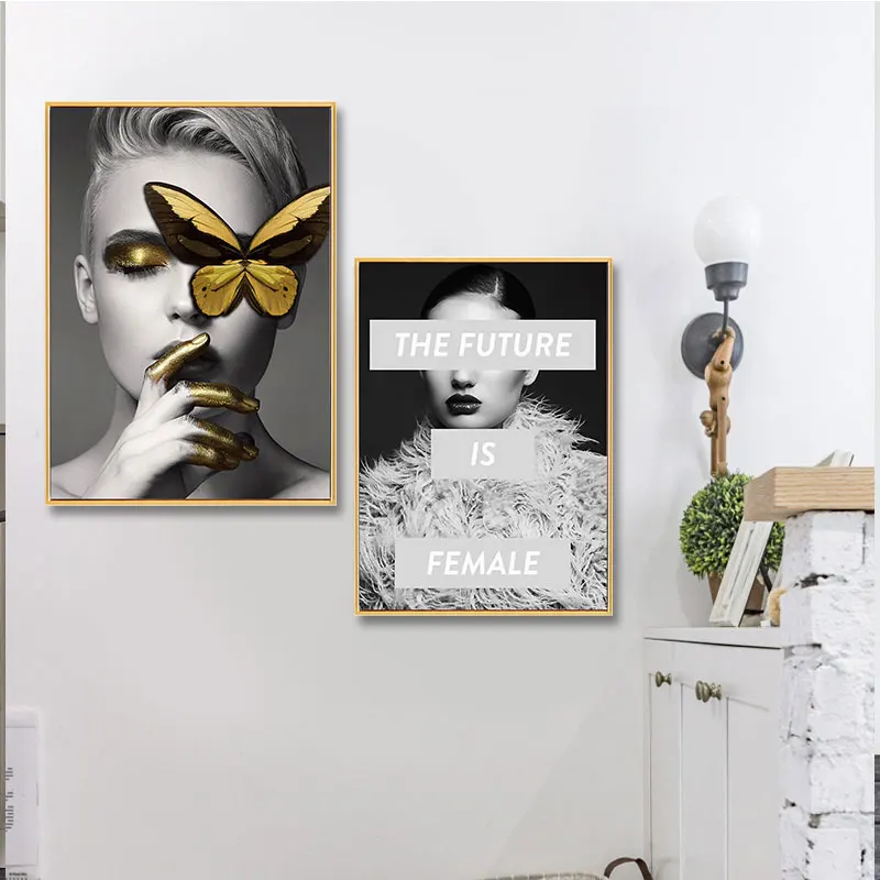 Golden Antlers Woman Model Abstract Canvas Painting Posters Fashion Sexy Beauty Art Print Poster Wall Picture for Home Unframed