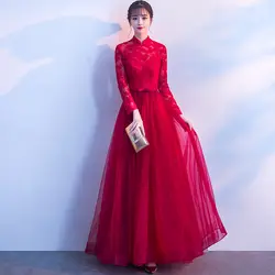 Зимние для женщин красный с длинным рукавом Cheongsam винтаж подружки невесты свадебное платье Элегантный Вечеринка Платья для мандарин воротн