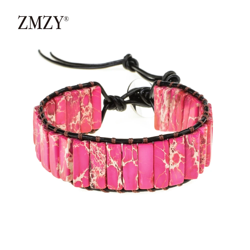 

ZMZY Handmade Ethnic Chakra Tube Leather Bracelet Beads Bangles Boho Women Pink Natural Stone Bar Bracelets Gifts