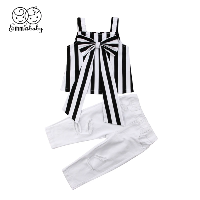 2pcs Toddler Kids Baby Girls Outfits Stripe bow tops+pants Clothes Sets