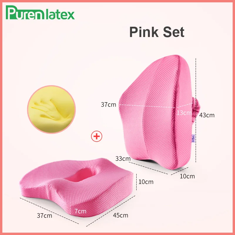 Memory Foam 2 Pcs Orthopedic Pillow Set Office Chair Cushion Coccyx Pad Car Seat Mats Hemorrhoid Vertebra Spine Protect Cushion - Color: Pink 2 Pcs Set