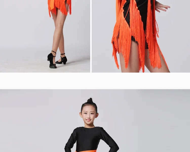 Оранжевое платье для латинских танцев с кисточками для девочек танцевальное платье ча современные танцевальные костюмы для детей Одежда для танцев костюмы для самбы