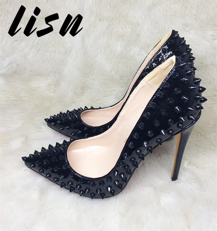 

LISN Black Elegant Pointed Toe Thin High Heel Pumps Fashion Ladies Wedding Shoes Rivet Studded Ladies Pumps Shoes Women