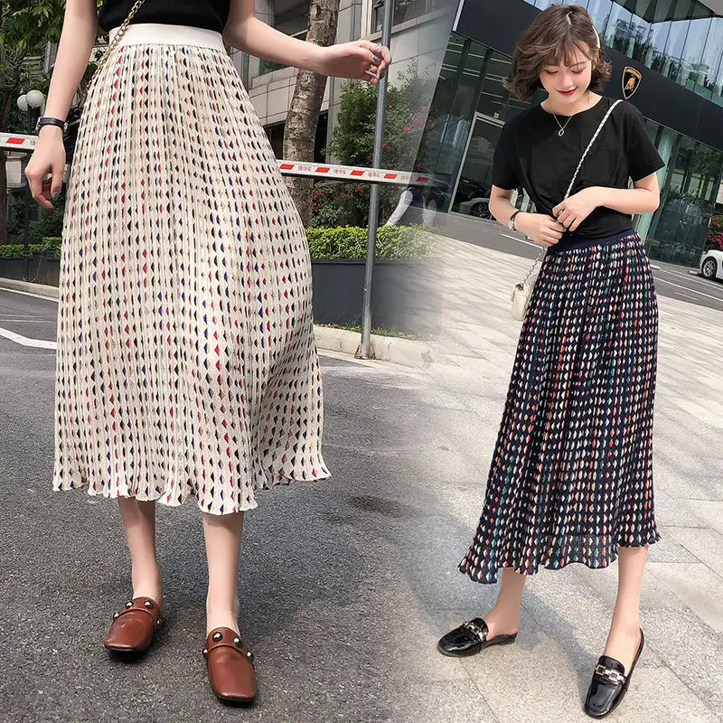 Корейская Новая женская летняя юбка высокая эластичность Бохо абрикосовая шифоновая юбка до середины икры Свободные повседневные длинные юбки для женщин