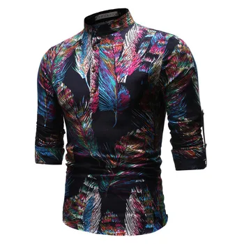 

FFXZSJ brand men's shirt spring and autumn geometric printing national style stand collar long sleeve casual shirt high quality