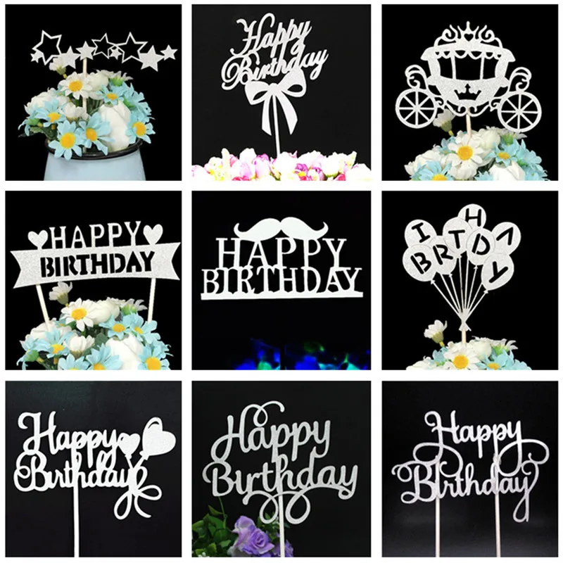 

Cake Toppers Birthday Party Decorations Kids Boy Silver Cupcake Toppers Baby Shower Girl Party Favors Happy Birthday Cake Topper