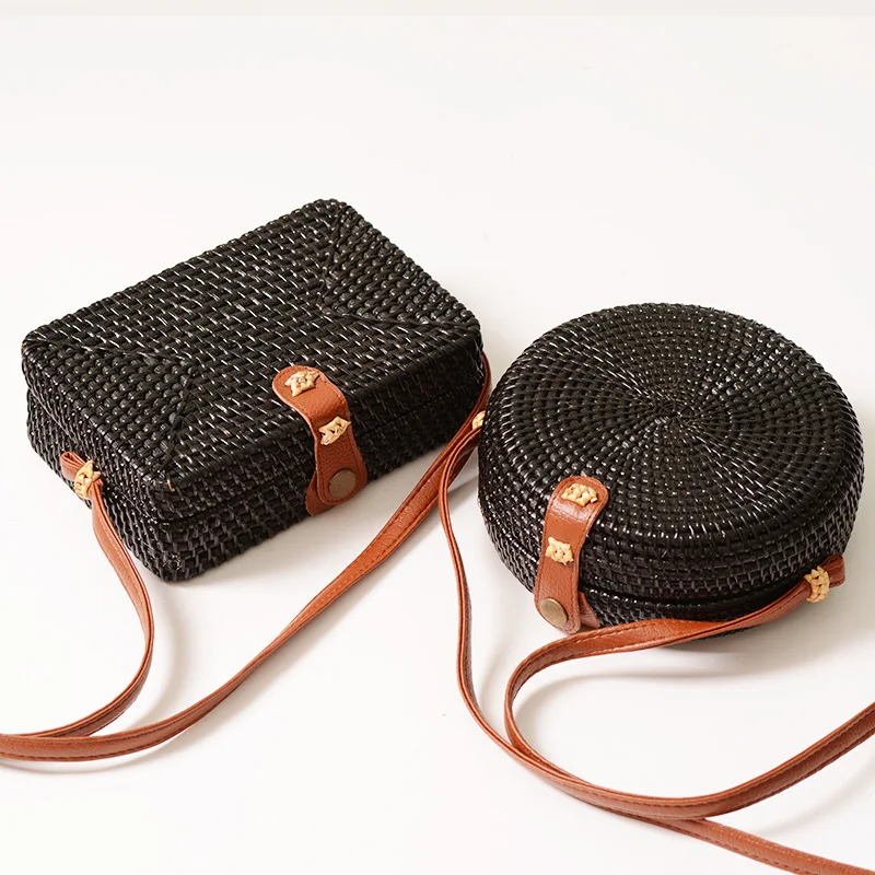 New Hand Wove Wicker Bag Women Round/Square Black Retro Rattan Bag PU Hasp Straw Crossbody Bag ...