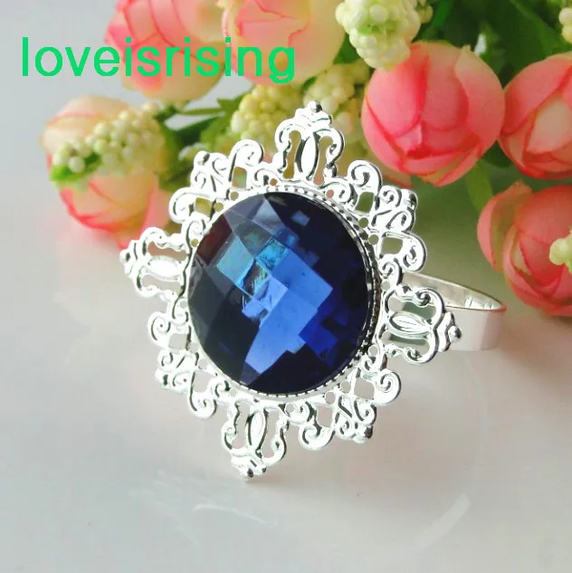 

10pcs Navy Blue Gem Napkin Rings Silver Plated Vintage Style Wedding Dinner Decoration Serviette Holder-22 Colors Pick