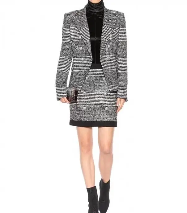 

TOP QUALITY Black White grey Houndstooth Plaid Blazer Double Breasted Silver Button up Long Sleeves Patch Pockets Peaked Collar