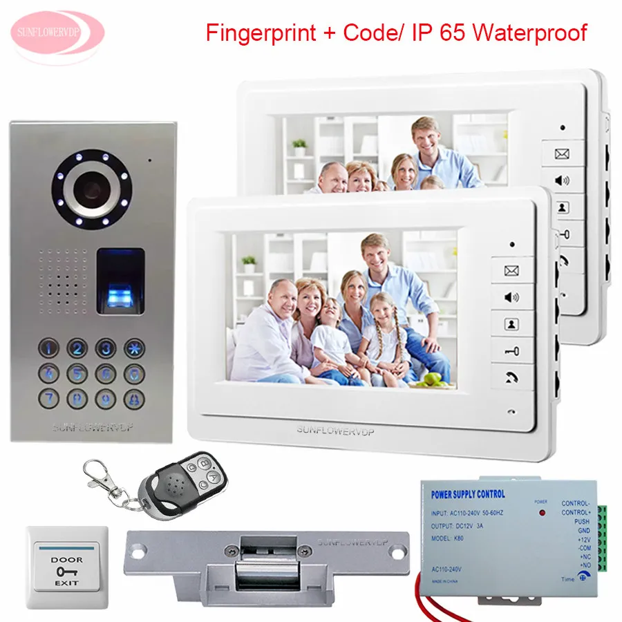 

7inch LCD IP65 Waterproof Fingerprint Video Door Phone Intercom System With 1 Camera + 2 Monitors Door Bell+ Electronic lock Kit