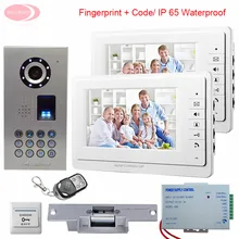 7inch LCD IP65 Waterproof Fingerprint Video Door Phone Intercom System With 1 Camera + 2 Monitors Door Bell+ Electronic lock Kit