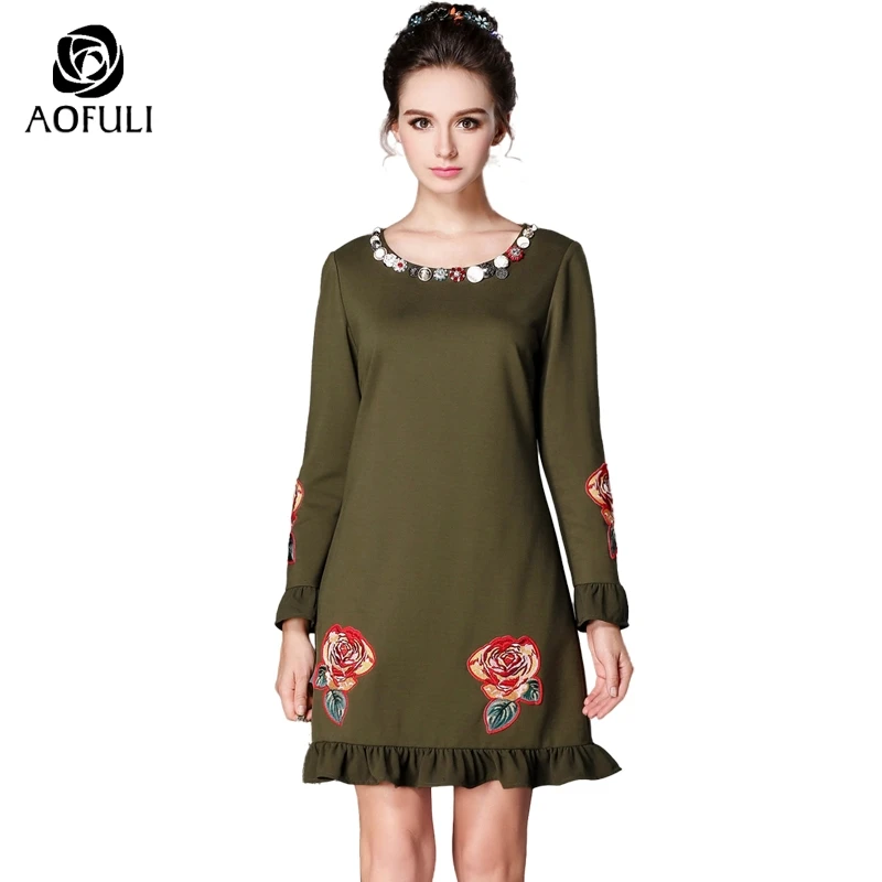 

L- 4xl 5xl Designer Beaded Buttons Floral Embroidery Dress For Autumn Big Size Long Sleeve Ruffles Straight Dress Armygreen 5997