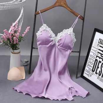 

Sexy Satin Silk Lace Night Dress Nightie Sleepwear Lingerie Dress Babydoll Homewear Fashion Chest Pad Lace Nightwear Nightdress