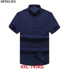 MFERLIER Лето платье рубашки плюс размер Большая мужская деловая рубашка бизнес 8XL 9XL официального стиля с коротким рукавом Повседневная Большая 6XL 7XL синий