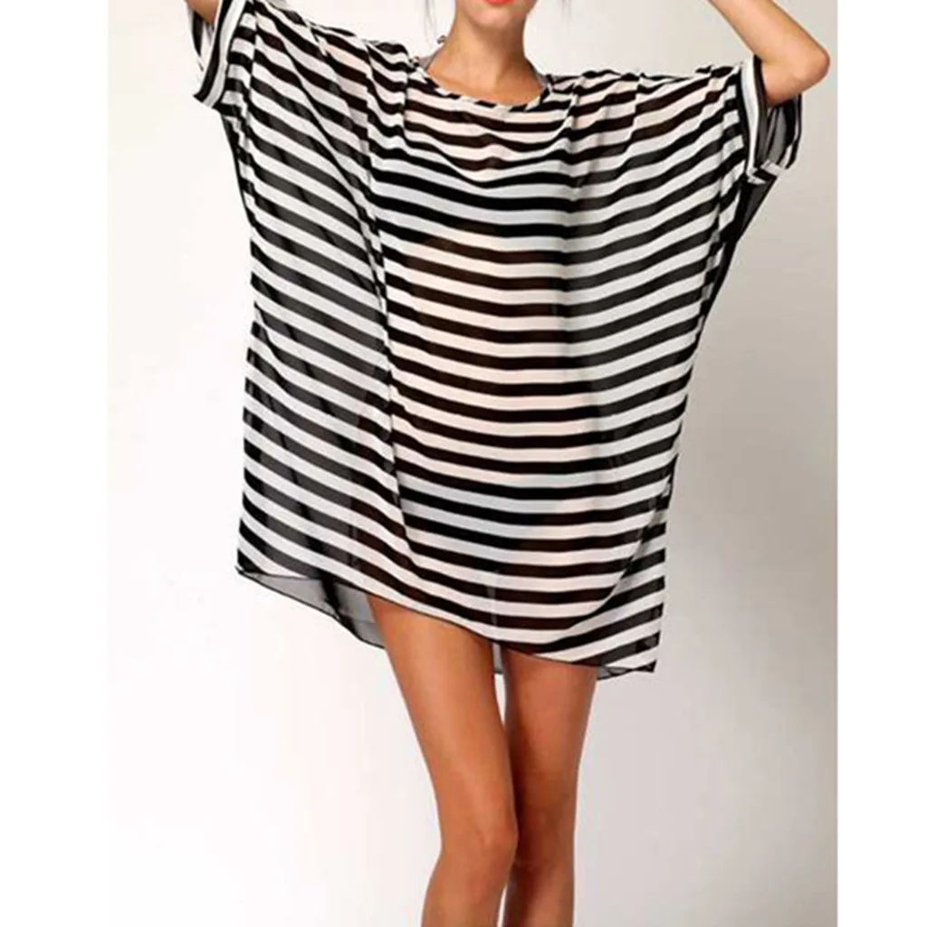 

2019 Sexy Women Stripe Beach Dress Swimsuit Beach Tunics Bikini Cover Up Summer Kaftan Beach Cape Pareos De Playa Mujer Holiday