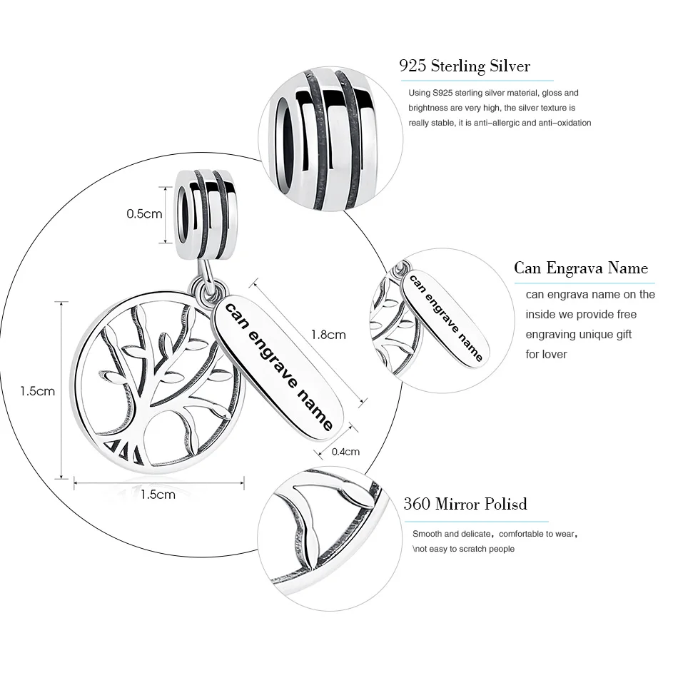 ELESHE бусины из стерлингового серебра 925 на заказ Гравировка Имя семейное дерево Висячие Подвески подходят браслеты персонализированные DIY ювелирные изделия