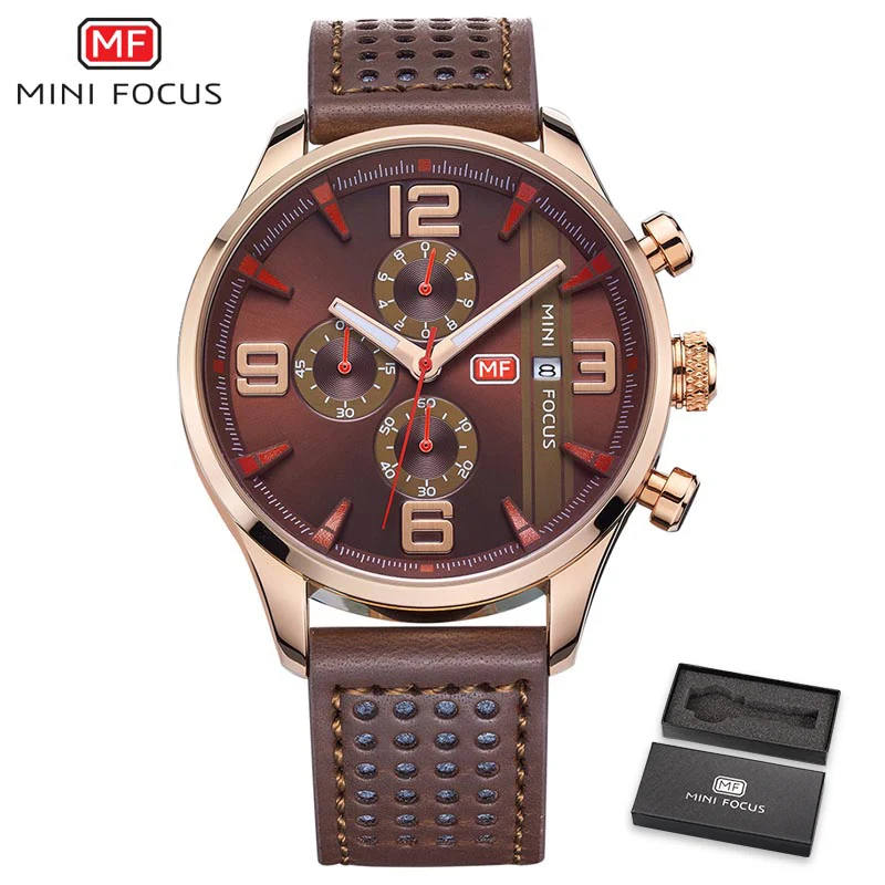 

MINIFOCUS Quartz Mens Watches Top Brand Luxury Genuine Leather Strap 3 Dials 6 Hands 24Hr Calendar Fashion Wrist Watch for Man