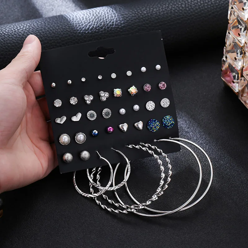 20 Pairs/set Fashion Rhinestone Crystal Pearl Stud Earrings Set For Women Boho Personalized Round Circle Jewelry Gifts | Украшения и