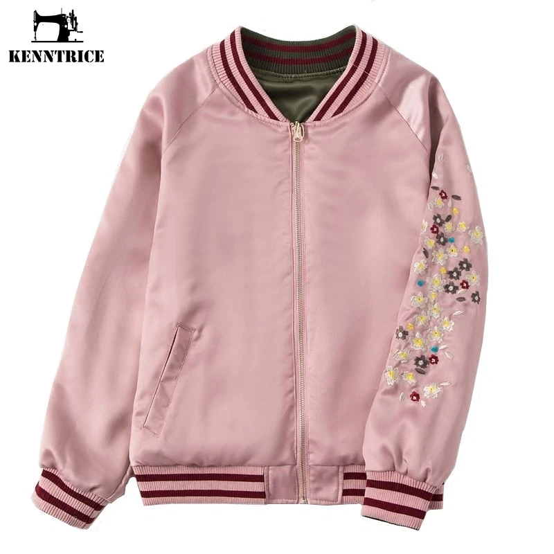 

KENNTRICE Double Sides Reversible Women Jacket Embroidered Flower Women Loose Pilot Baseball Coat Outwear