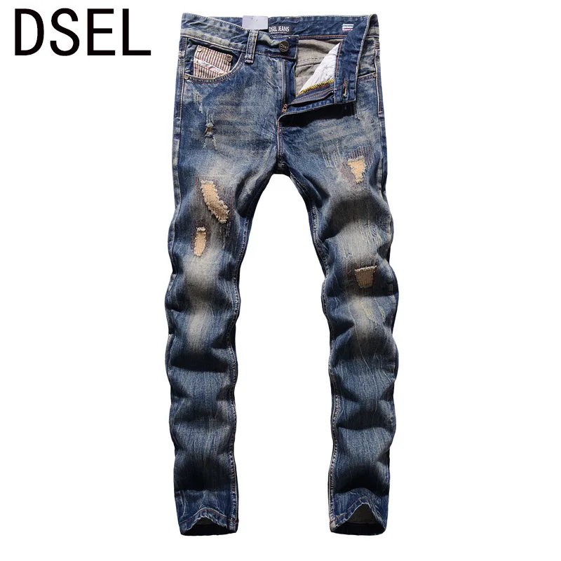 2017 High Quality Fashion Men Jeans Dsel Brand Ripped Jeans For Men Patchwork Pants Straight Slim
