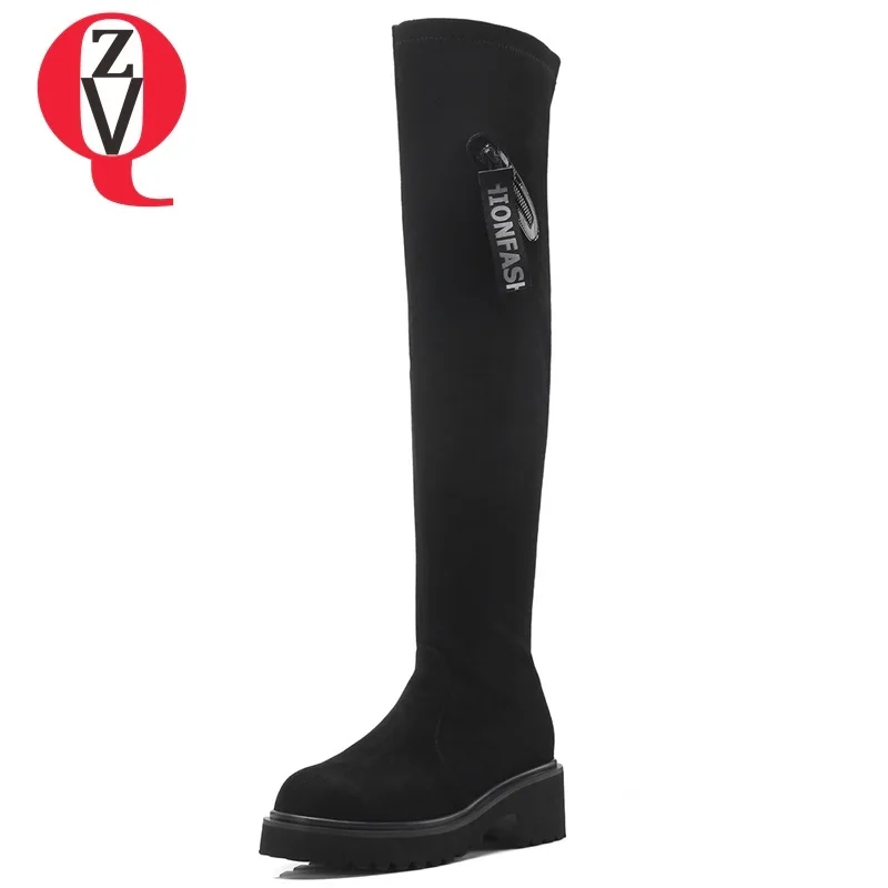 

ZVQ new concise high quality knee high boots women faux suede winter warm boots comfortable round toe slip-on black women shoes