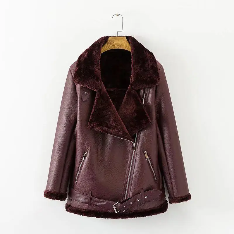 Fitaylor, зимняя куртка из искусственной овечьей кожи, женская куртка из искусственной кожи, овечья шерсть, меховой воротник, замшевая куртка, пальто, женская теплая плотная верхняя одежда - Цвет: Burgundy