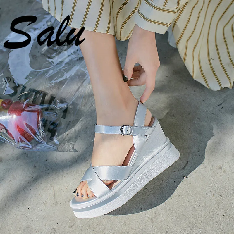 

Salu Women Summer Sandals Elegant Concise High Heels Buckle Strap Wedge Sandals Prom Party Dress Classic Rome Shoes Woman