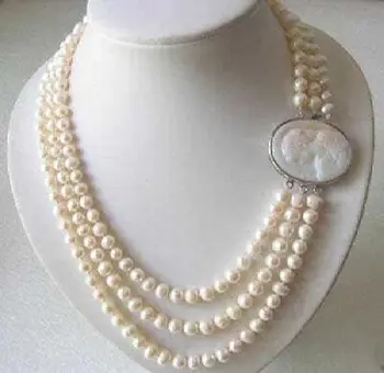 

Hot sale new Style >>>>>Genuine 3 Rows 7-8MM Freshwater pearl Necklace Cameo Clasp