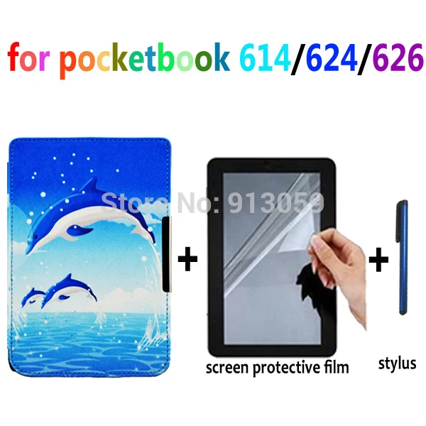 Дельфин и Подсолнух чехол для Pocketbook basic touch lux 614/624/626 кожаный + протектор экрана