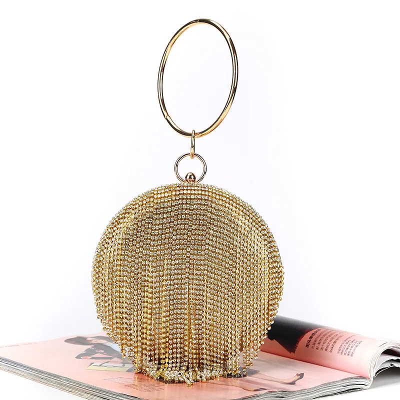 Кристальная сумка, простая сумочка невесты, блестящая сумка через плечо, женская вечерняя сумка на плечо с кристаллами, круглая сумка с бриллиантами - Цвет: Золотой