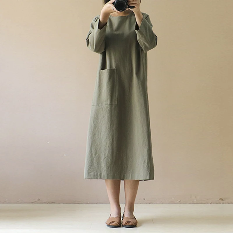 Размера плюс ZANZEA Осень весна женское повседневное однотонное винтажное хлопковое льняное Свободное длинное платье-рубашка Vestido - Цвет: Армейский зеленый