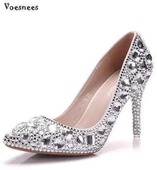 

2019 New Cinderella Crystal Shoes Women Pumps Evening Party Glittering Pointed Toe Blue Silver Rhinestone Wedding Shoes Pumps
