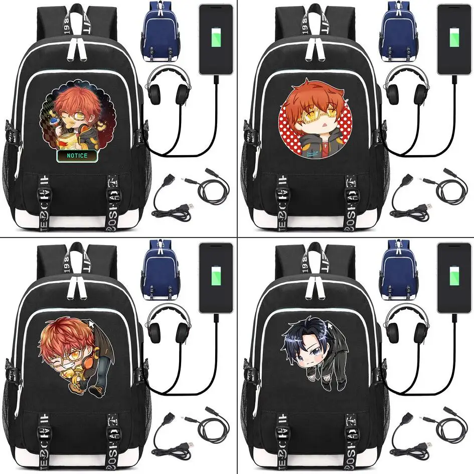 

Mystic Messenger 707 Backpack Canvas Rucksack USB Charging Port Headphone interface knapsack College Student Laptopbag schoolbag