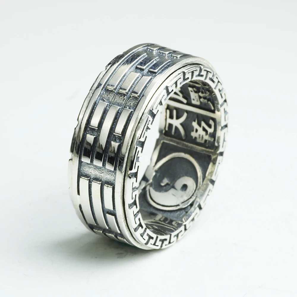 Настоящее 925 пробы серебряные кольца для мужчин Spinner вращающийся резьба Taiji Багуа Инь Ян с винтажным узором Great Wall