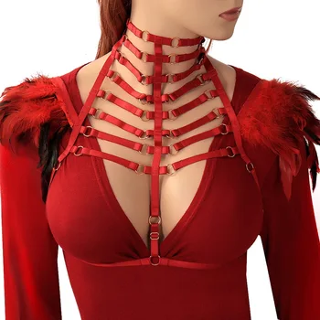 

Punk Style Feather Wings Body Harness Wine Red Epaulettes Bra Bondage Shoulder BurningMan Party Dance Rave Lingerie for Women