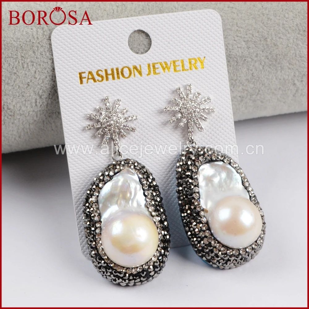 BOROSA ручной природных Серьги с жемчугом CZ микро проложить и Кристалл Rhinestone Freeform