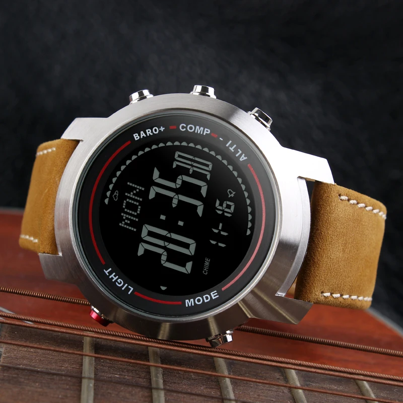 Online Banda de cuero de moda para hombre multifunción 5ATM de acero inoxidable Dial montañeer reloj deportivo altímetro barómetro termómetro